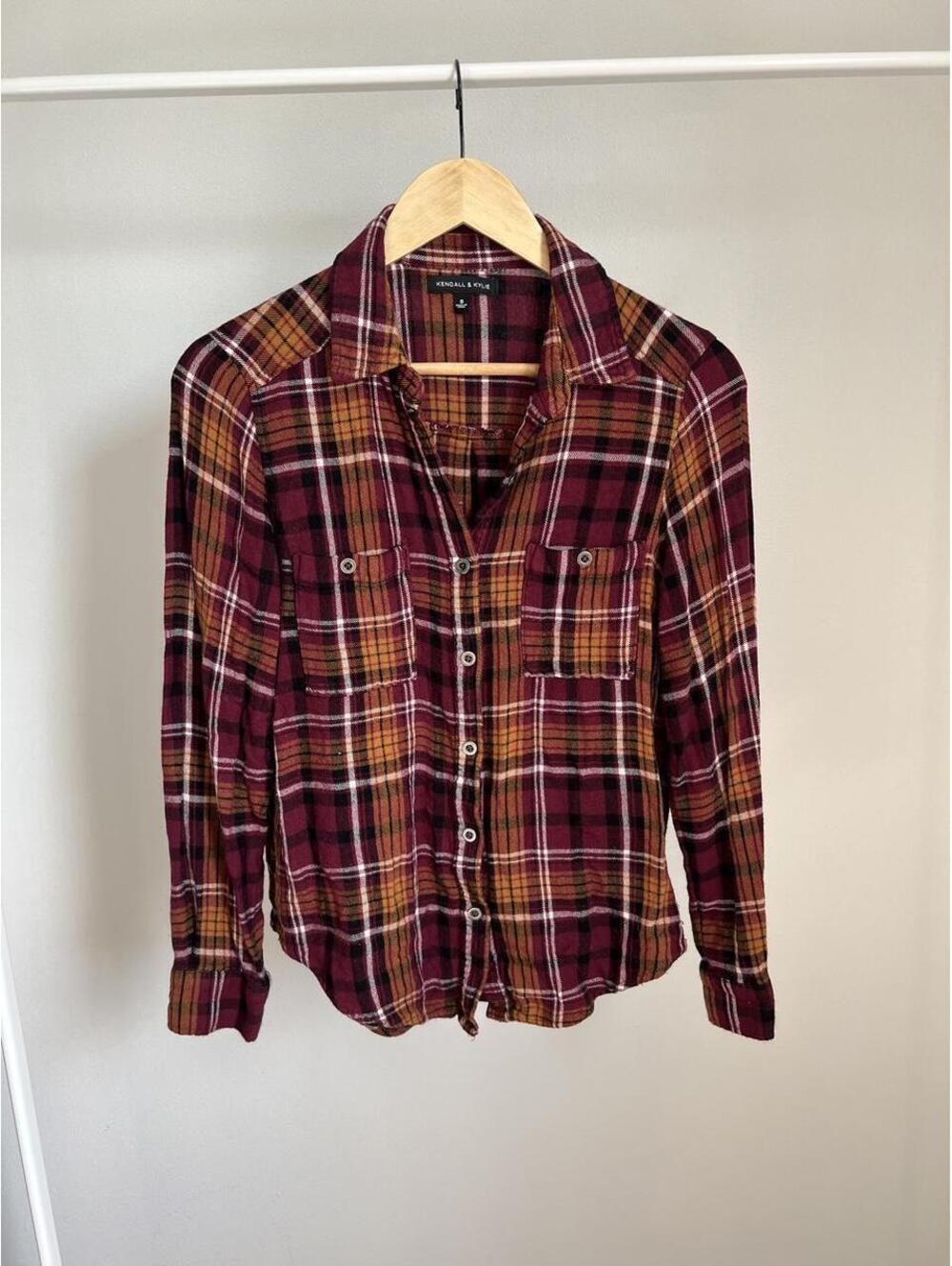 Y2K Burgundy Plaid Flannel Button Up Shirt Grunge Fall Kendall & Kylie